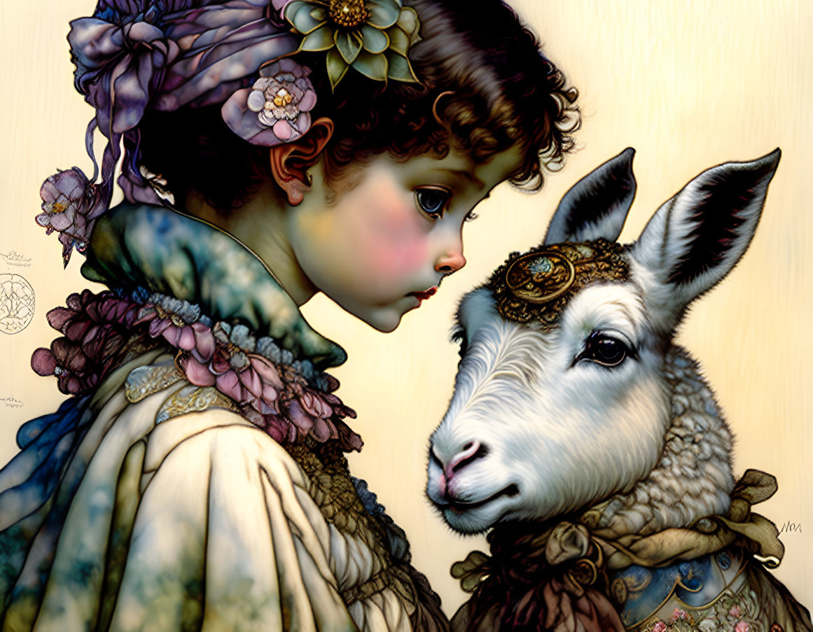 Whimsical illustration of young girl with lamb in vintage attire