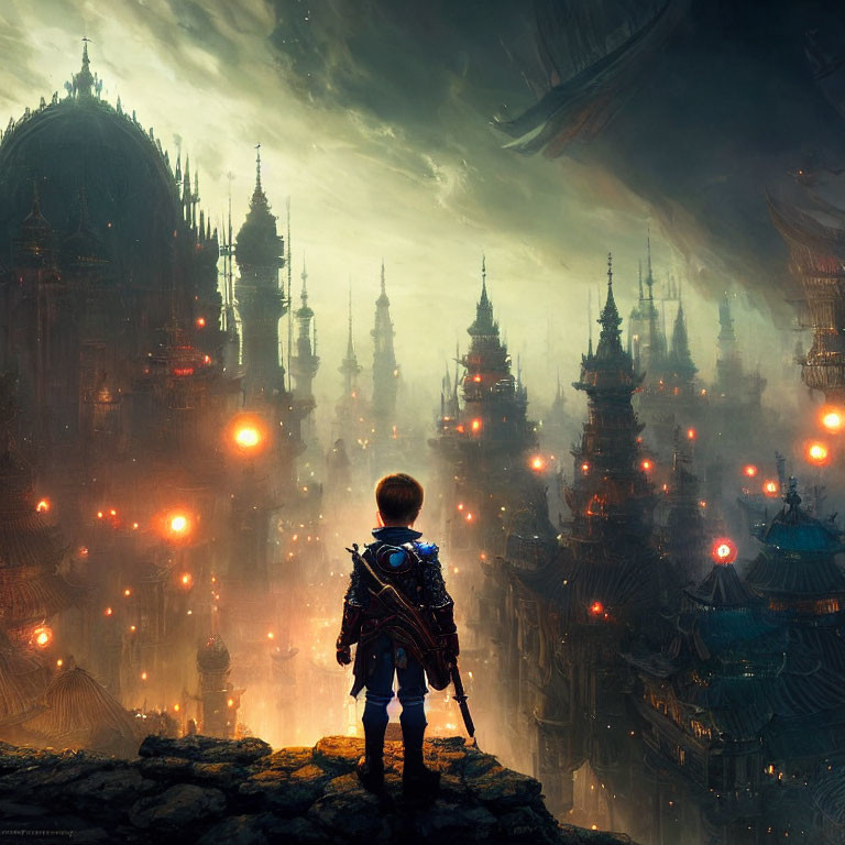 Young adventurer overlooking illuminated fantasy cityscape from rocky outcrop