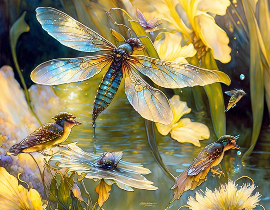 Oversized iridescent dragonfly in a fantastical floral scene