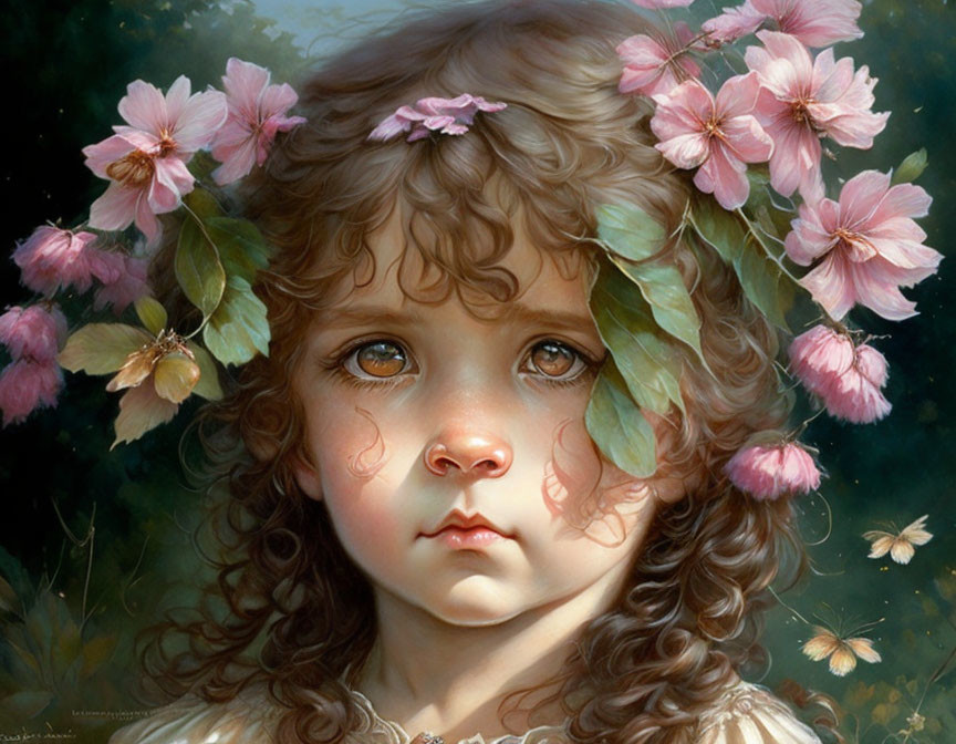 Young girl with curly hair, pink flowers, butterflies, and thoughtful expression