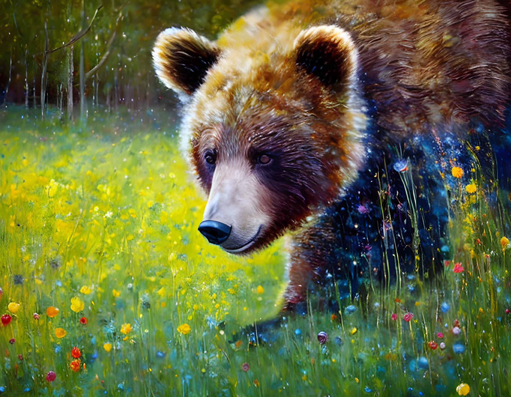 Bear strolling in colorful wildflower meadow under sunny sky