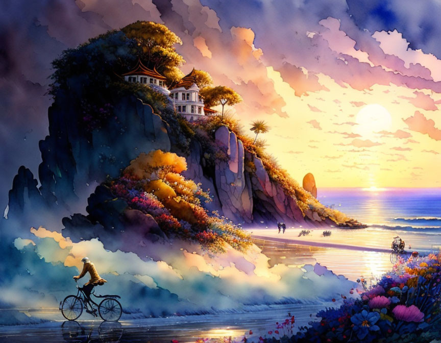 Scenic sunset beach cycling with vibrant cliffside house