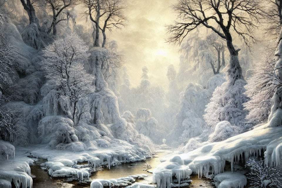 Snow-covered trees, icicles, frozen stream in serene winter landscape