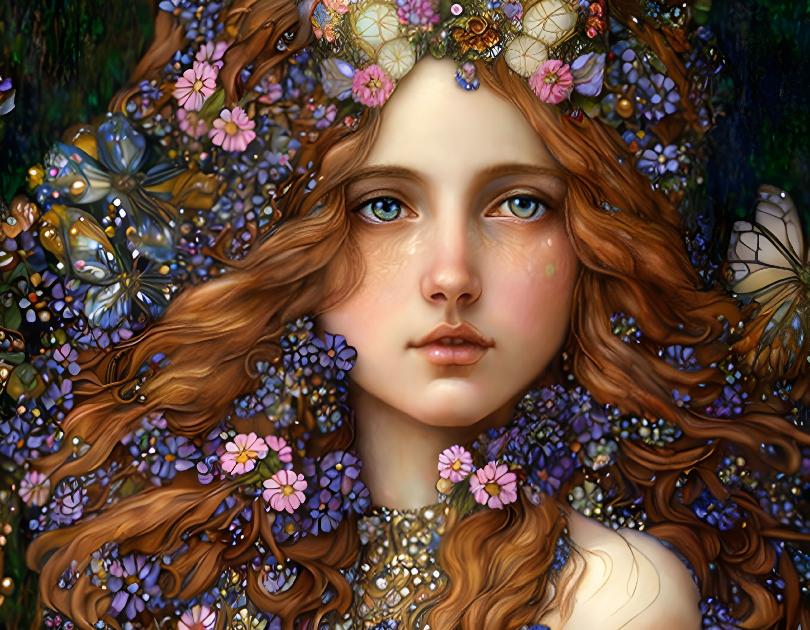 Fantasy portrait of woman with auburn hair, adorned with flowers and butterflies