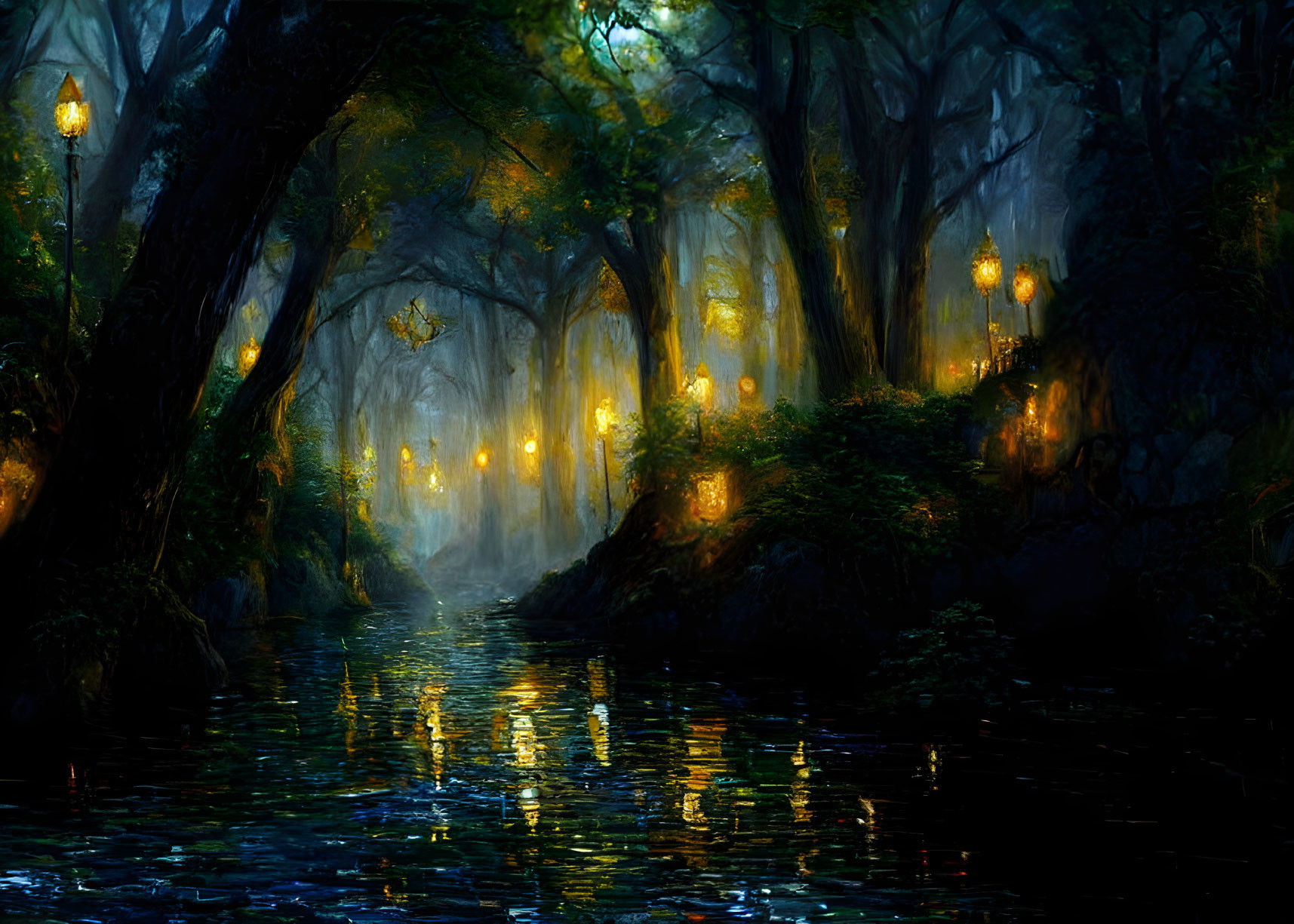 Mystic forest with lantern-lit river and misty trees