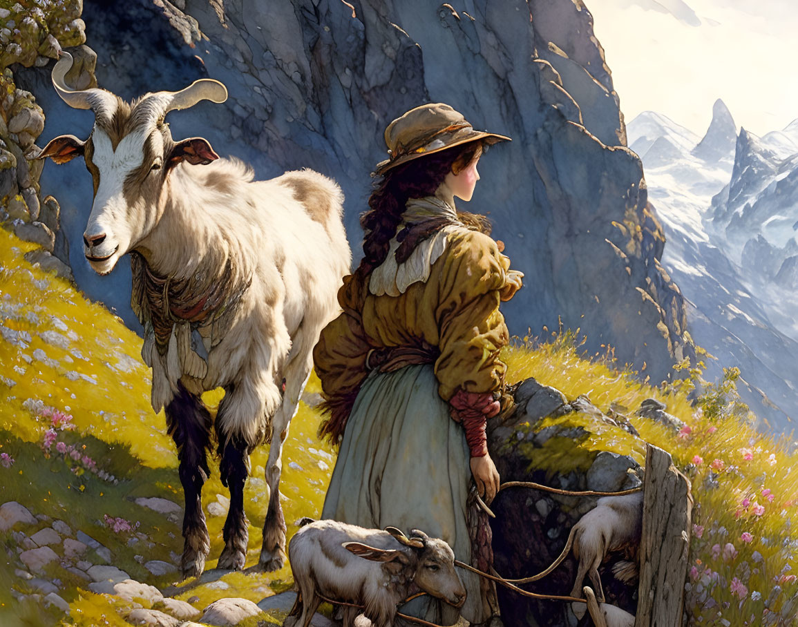 Woman in vintage attire with goat in mountain landscape