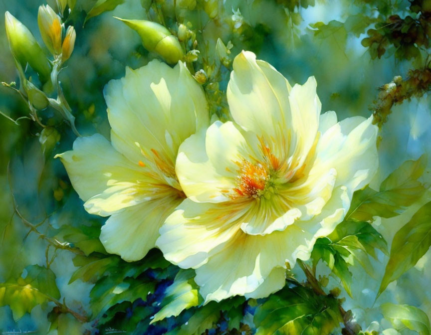 Vibrant white and yellow flowers with lush green foliage in serene setting