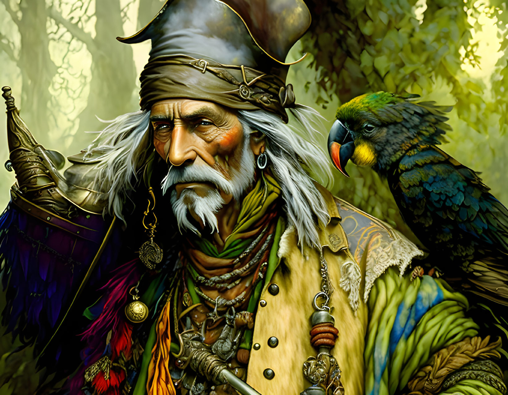 Illustrated pirate with tricorn hat and parrot in enchanted forest.