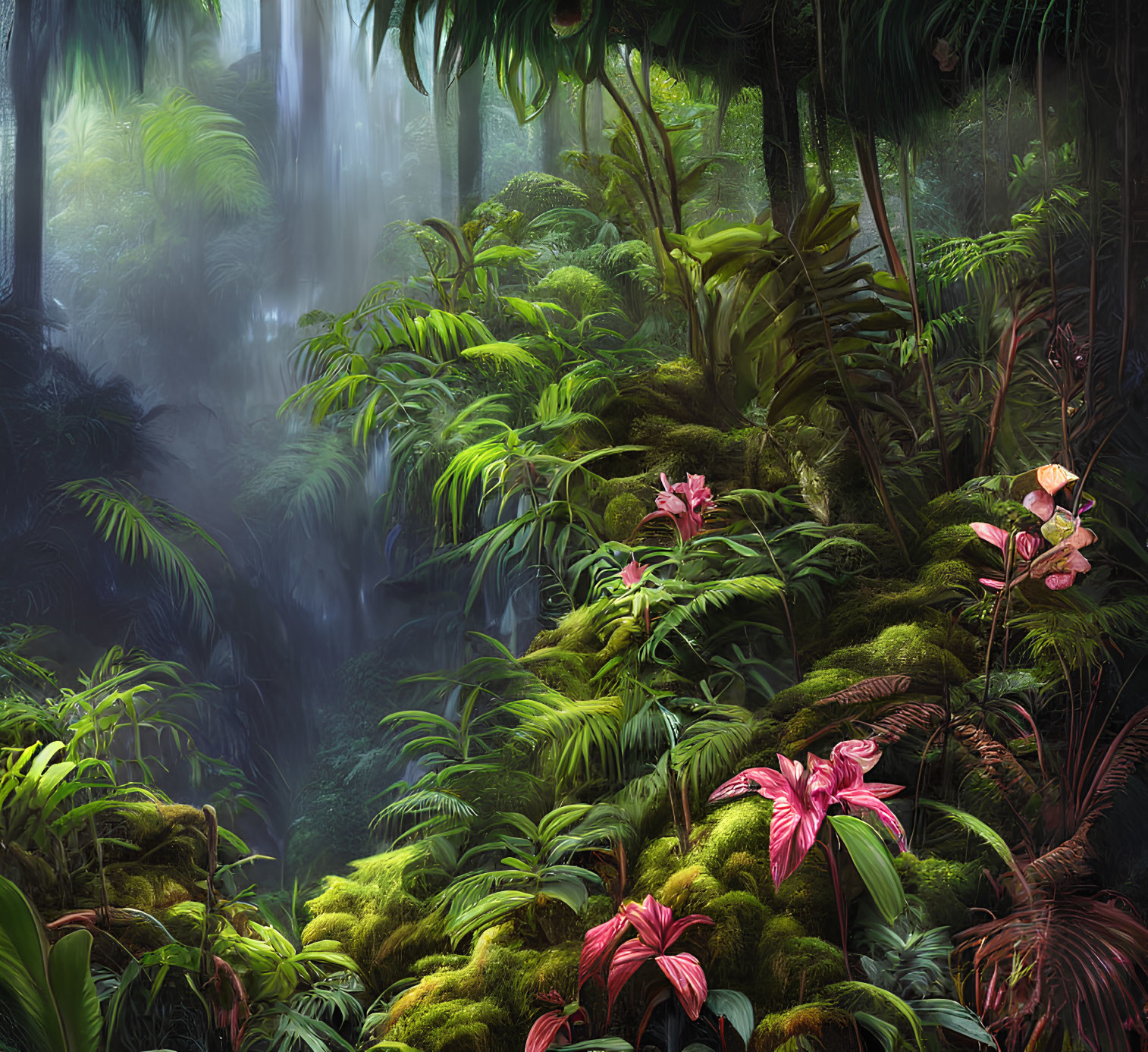 Lush tropical forest with pink flowers and waterfall