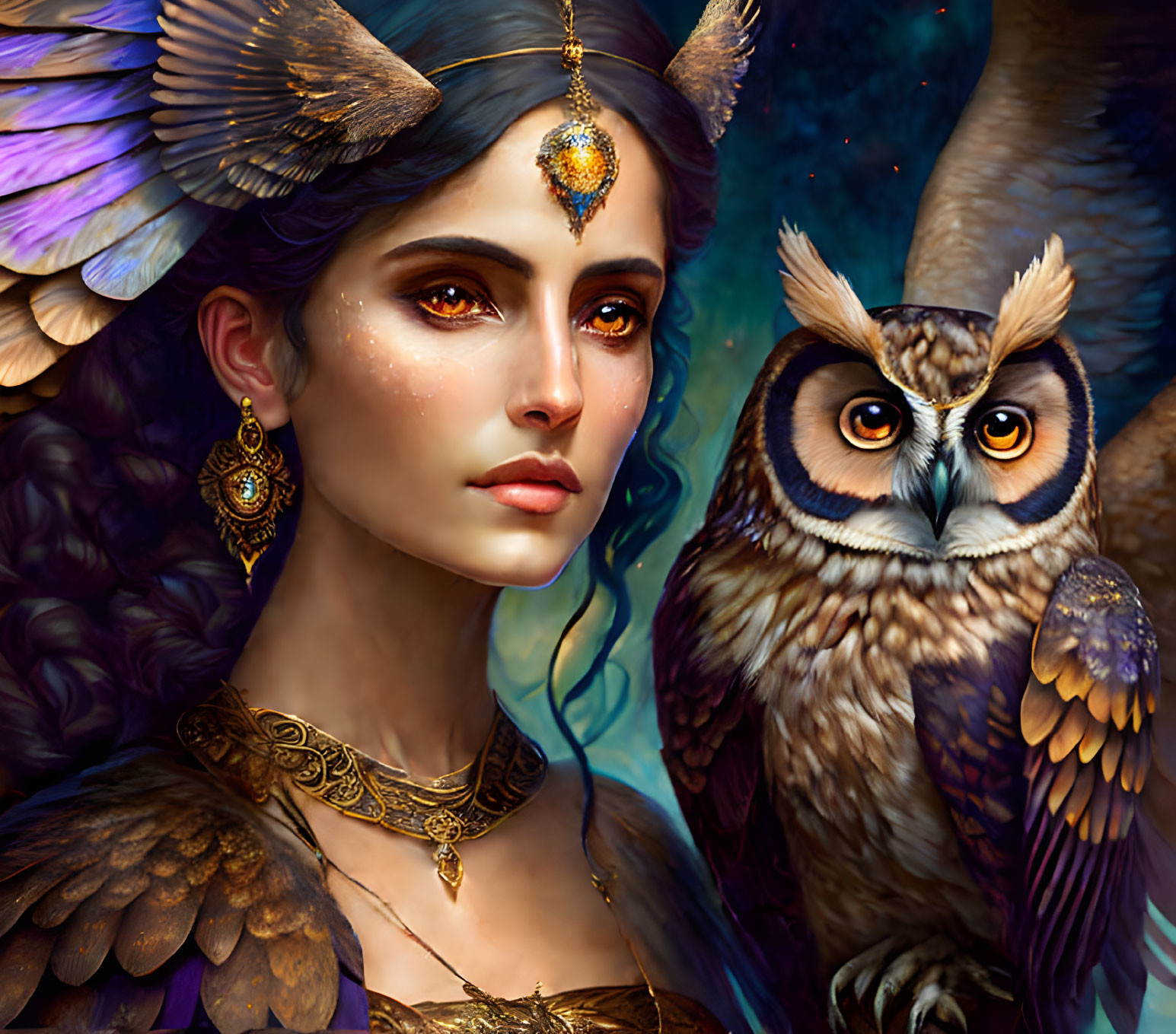 Woman with owl features and ornate gold jewelry beside owl companion