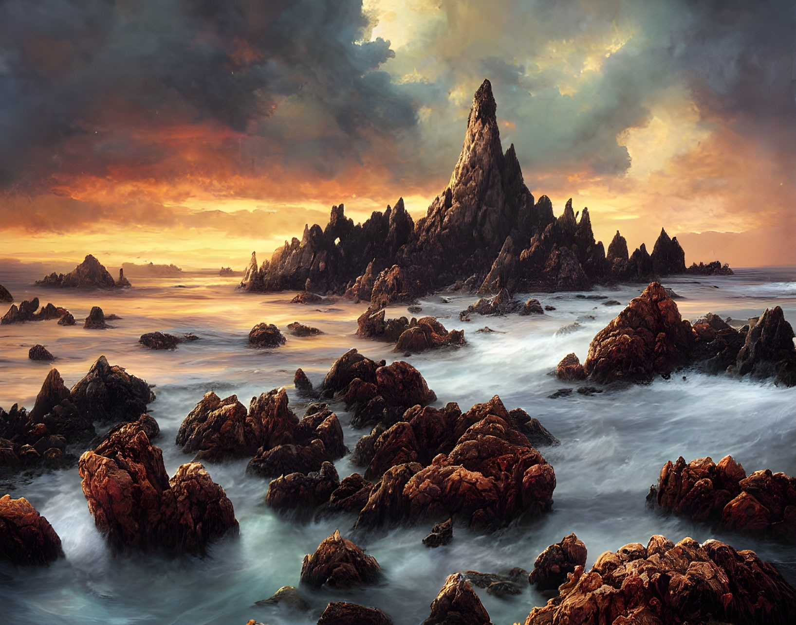 Dramatic seascape with towering rocky pinnacle & warm sunset glow