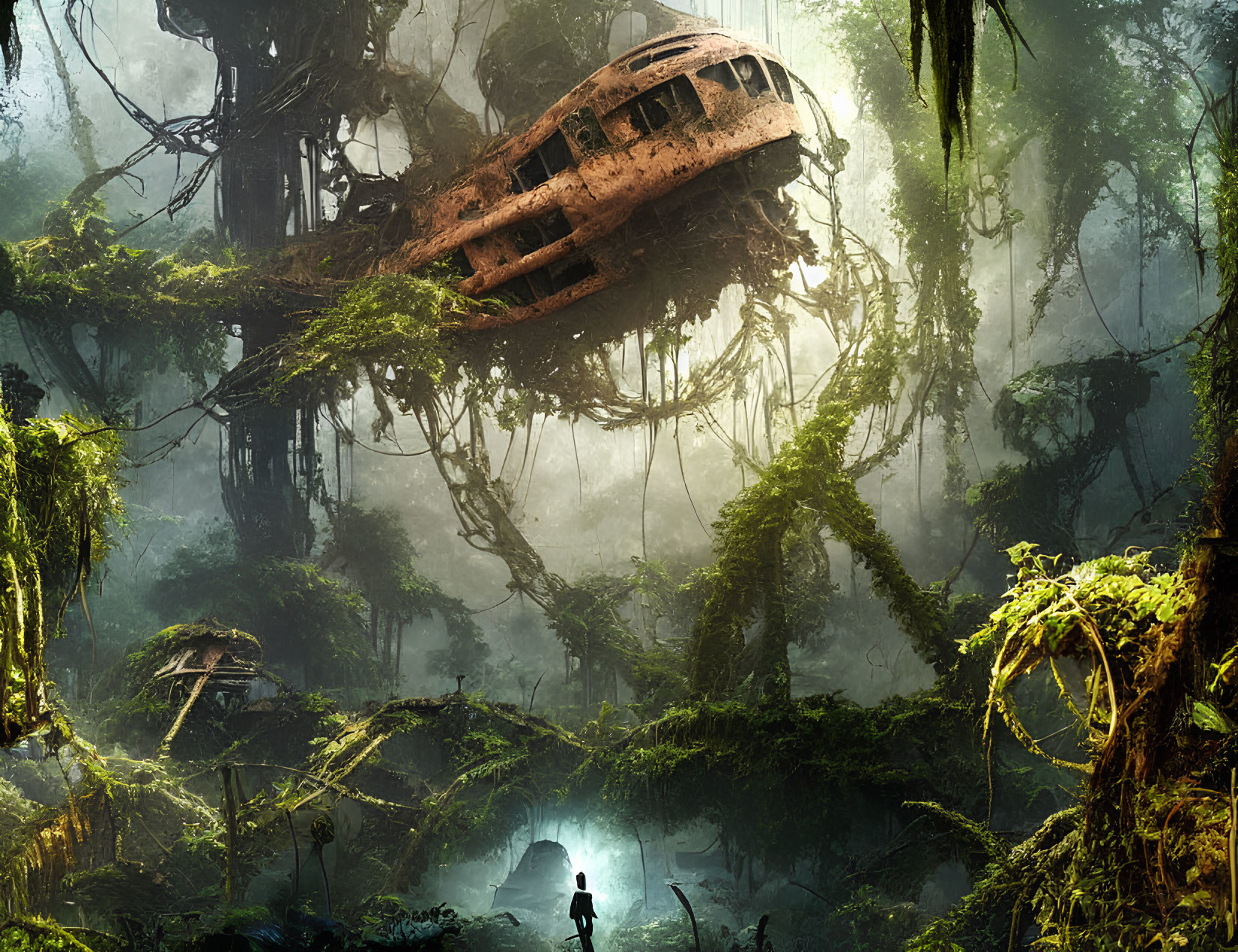 Person in lush forest gazes at abandoned spaceship in foliage