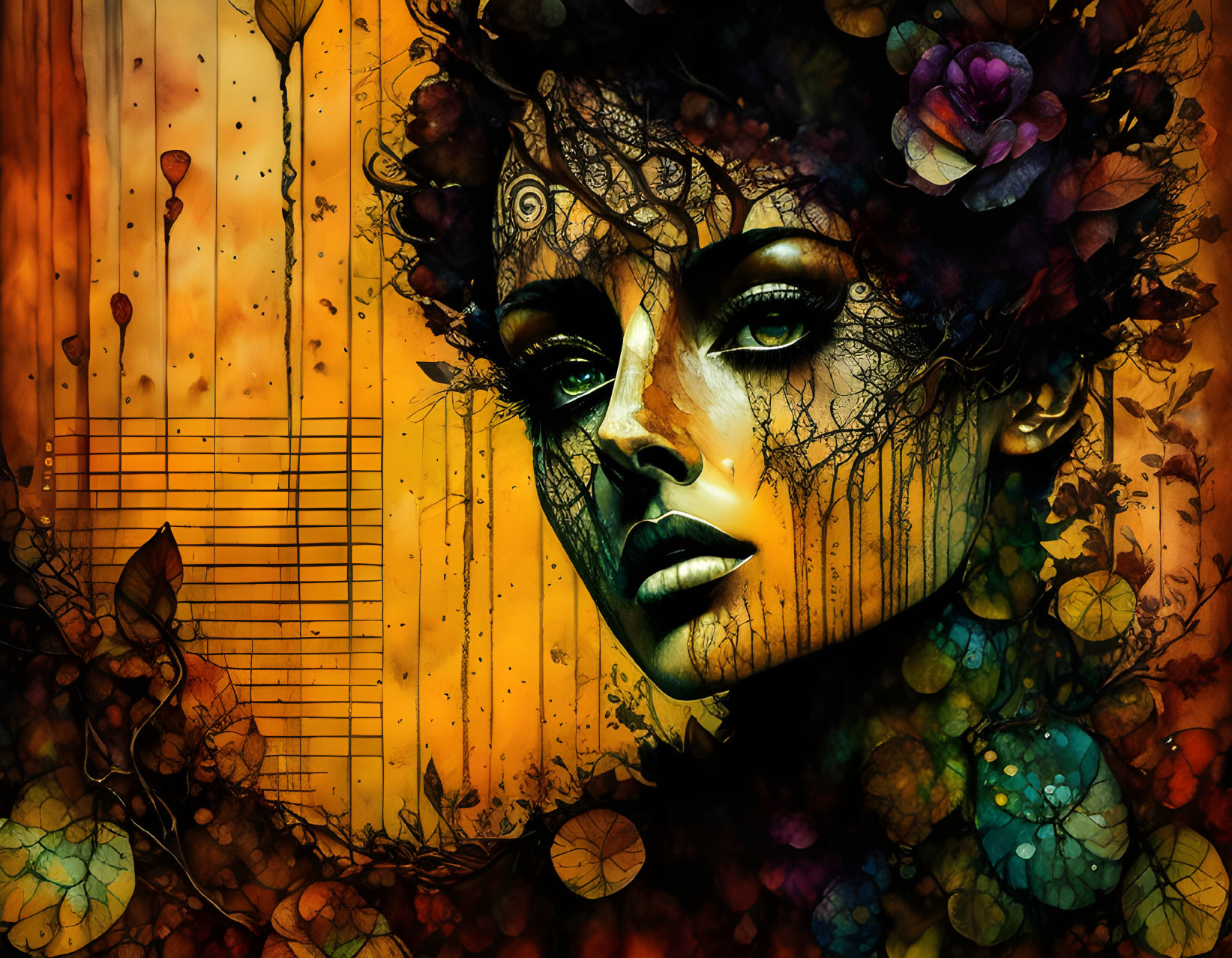 Digital artwork: Woman's face merges with autumnal elements