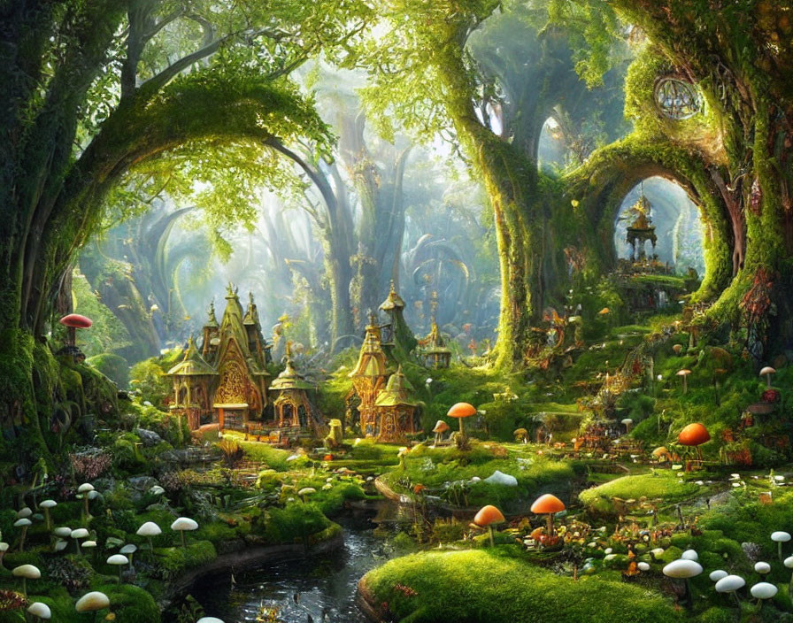 Whimsical Mushroom Houses in Enchanted Forest Setting