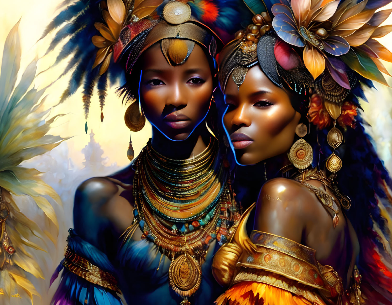 Two women in feathered headdresses and traditional jewelry on golden backdrop