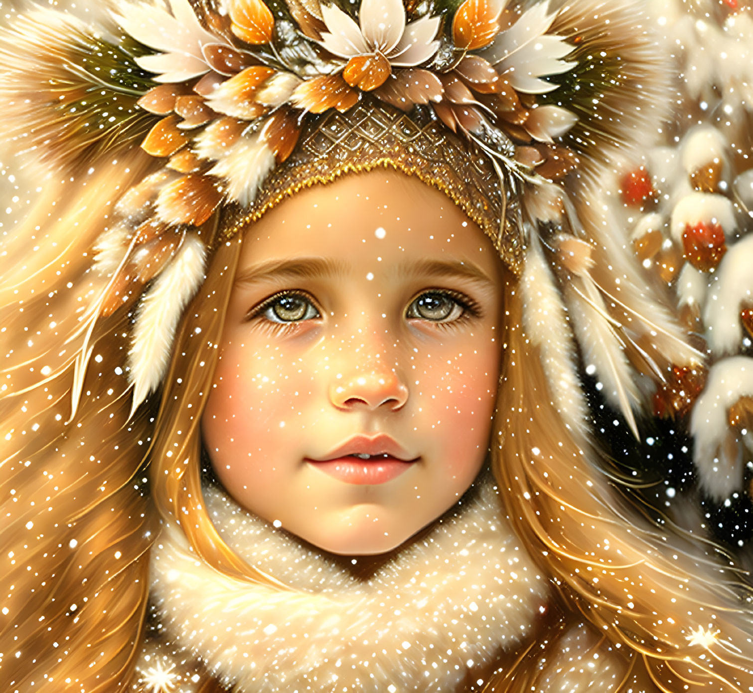 Young girl in winter headpiece with falling snowflakes and golden tones