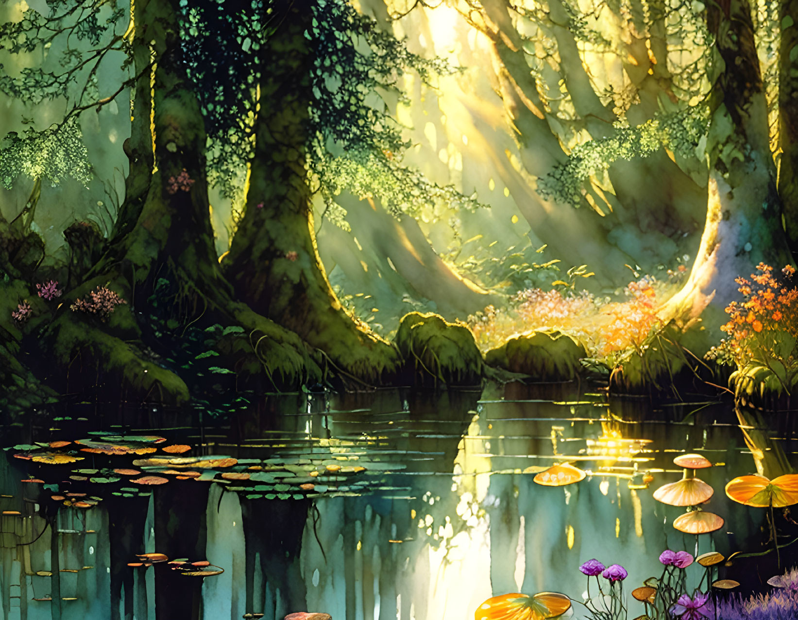 Sunlit forest with pond, lily pads, and flowers