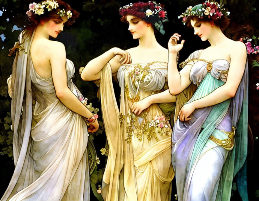 Three ethereal women in classical gowns with floral wreaths, one inspecting a thread.