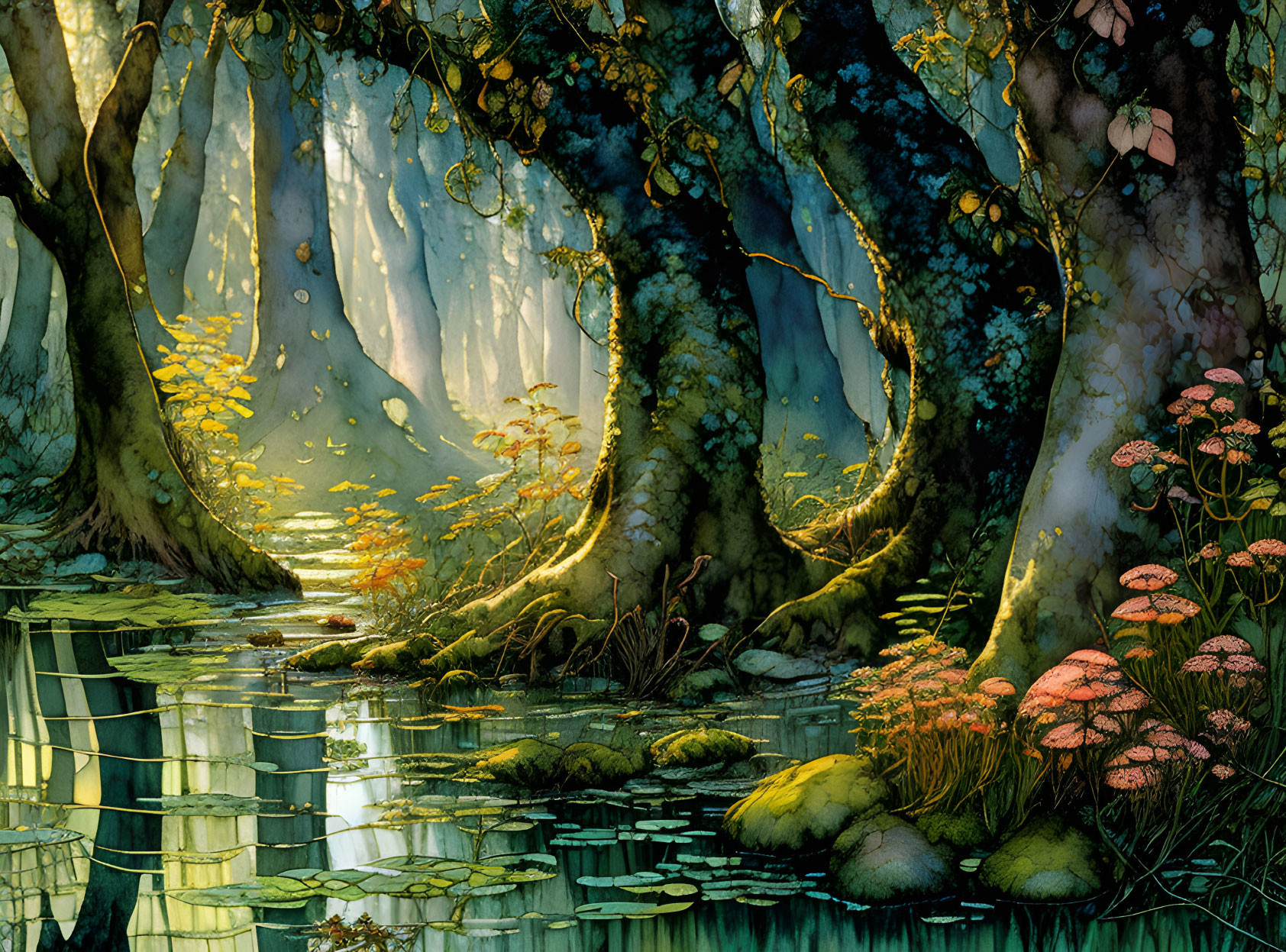 Sunlit enchanted forest with serene pond and lush flora