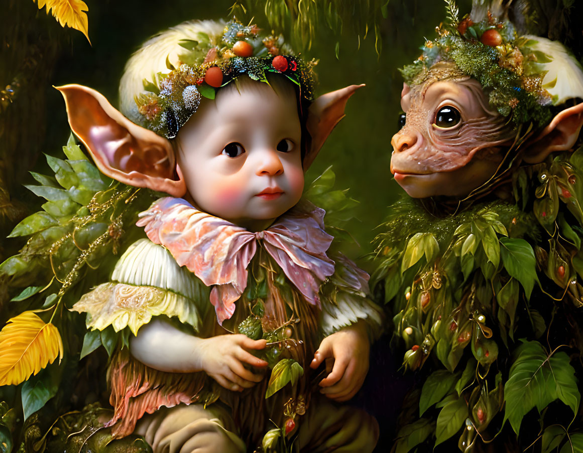 Fantasy illustration: Whimsical creatures with large ears and bushy hair, one child-like,