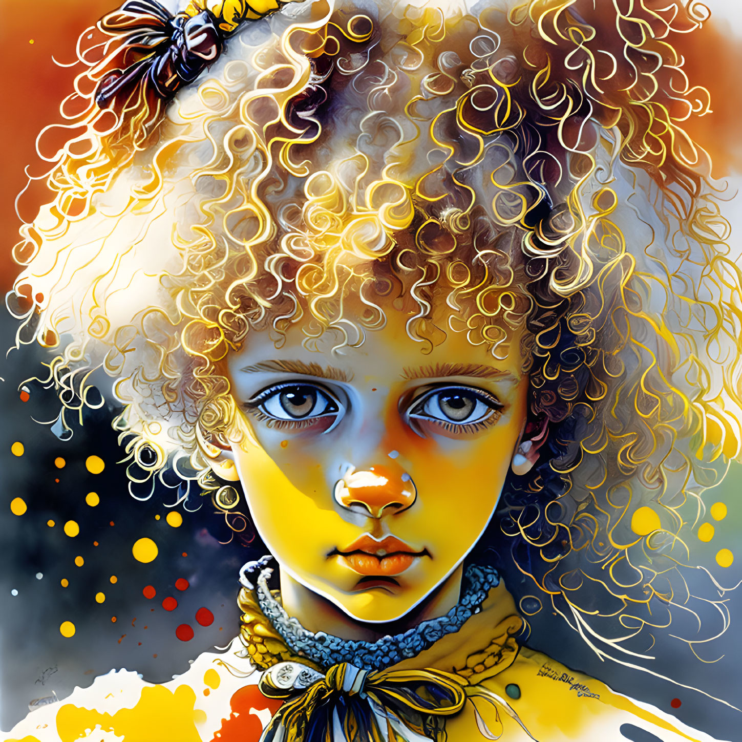 Vibrant illustration: Child with curly hair and big eyes on colorful splattered background