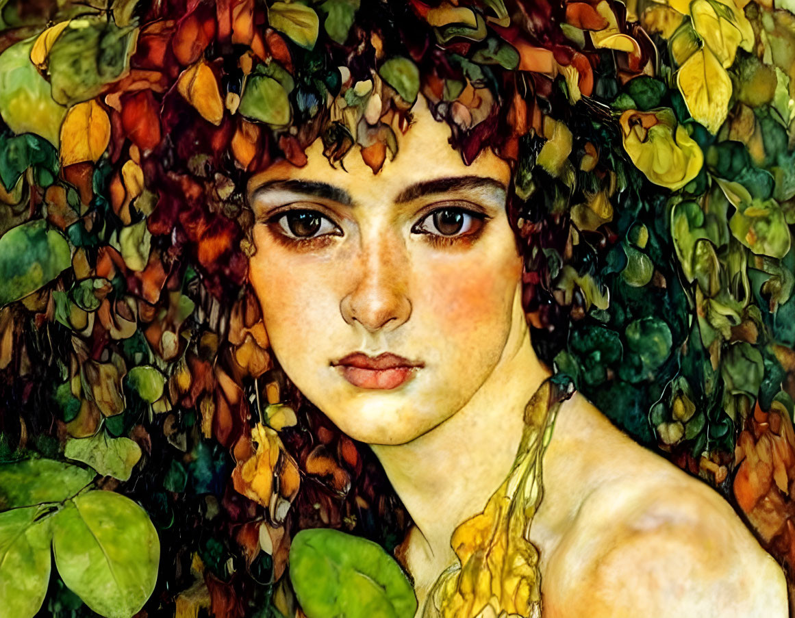 Portrait of young woman surrounded by green and yellow leaves with captivating eyes.