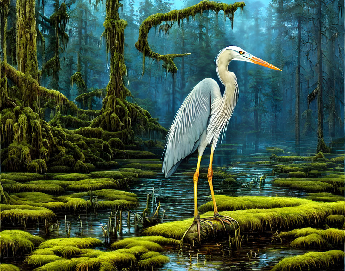 Great Blue Heron in Misty Forested Swamp with Sunlight Filtered