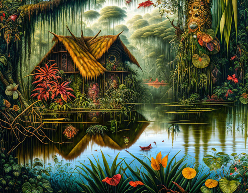 Tranquil jungle painting: thatched hut, river, canoe, masks, lush vegetation