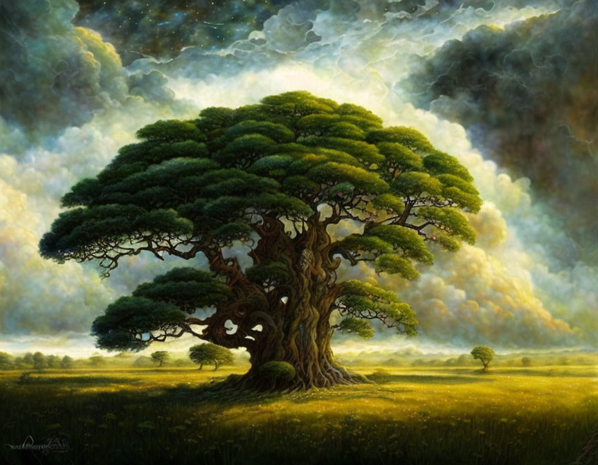 Ethereal painting of grand solitary tree under dramatic sky