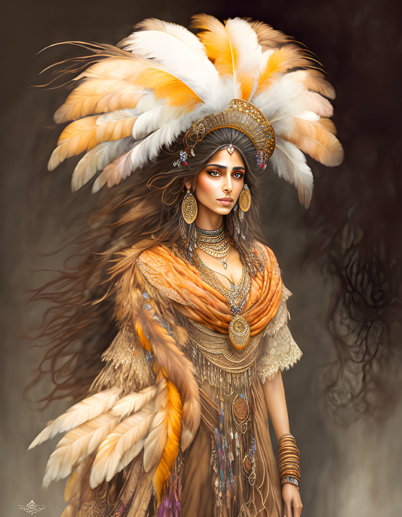 Detailed Portrait of Woman with Feather Headdress & Jewelry