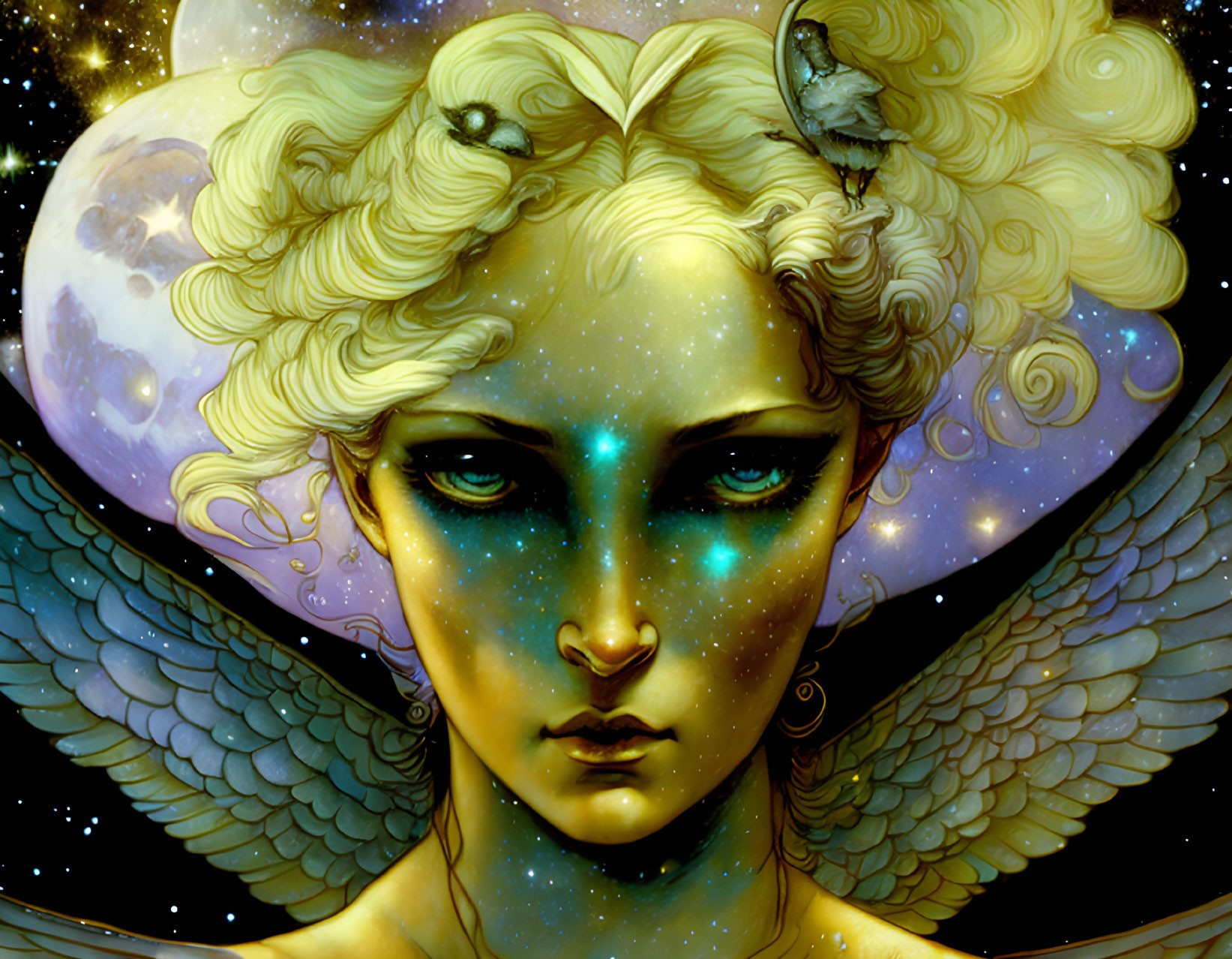 Illustrated character with golden wings and star-speckled blue skin in cosmic setting