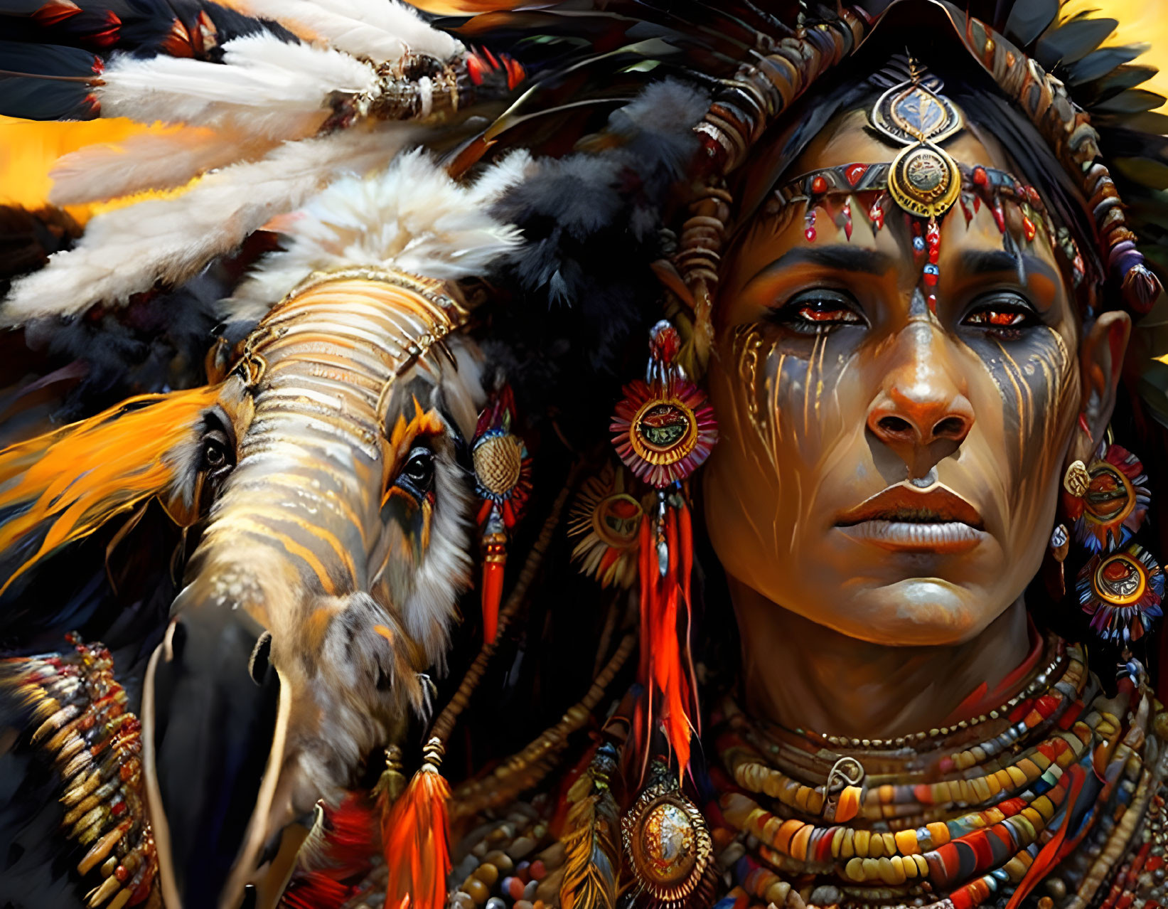 Person adorned with native feather headdress, face paint, and jewelry in powerful portrait