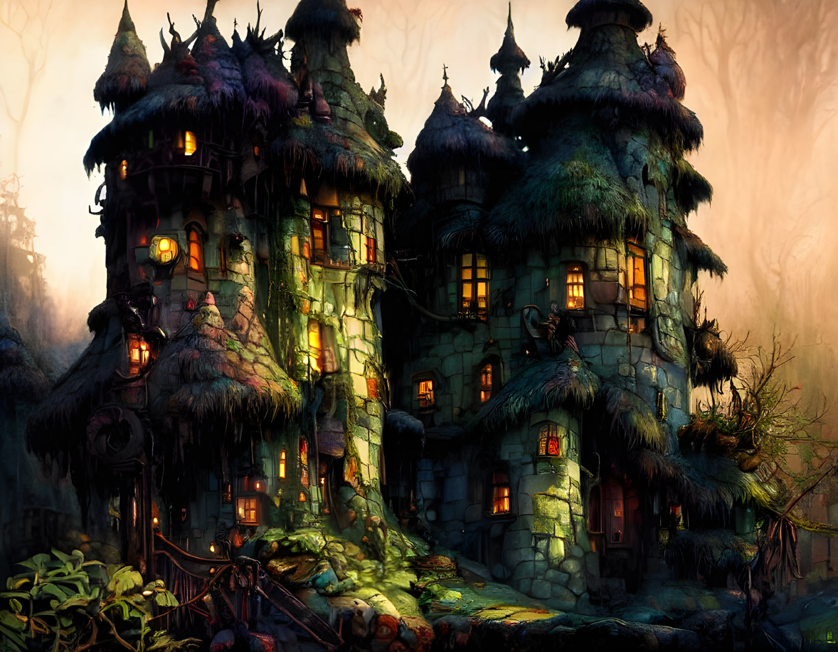 Moss-Covered Stone Towers in Twilight Forest