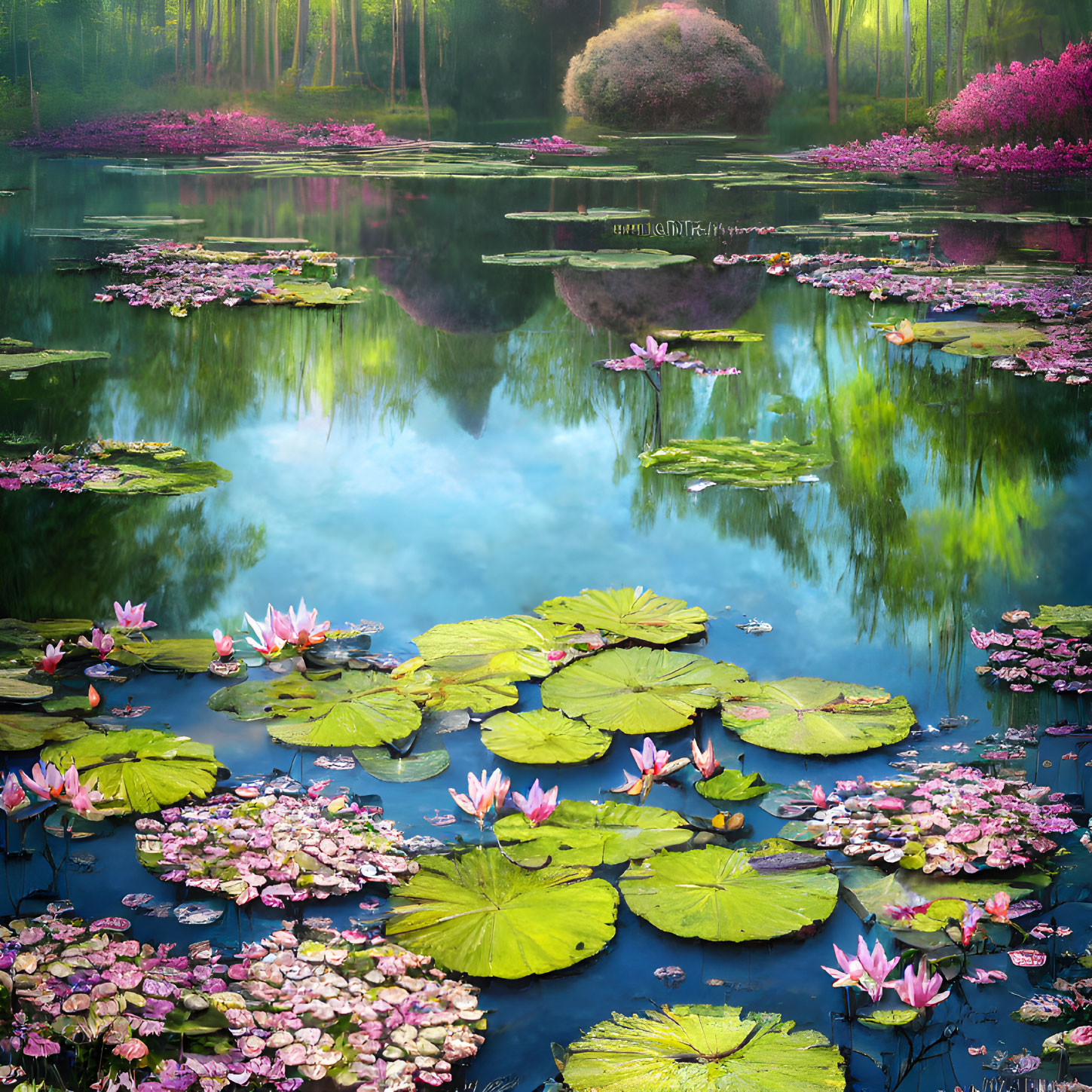 Tranquil pond with blooming water lilies and reflections of trees.