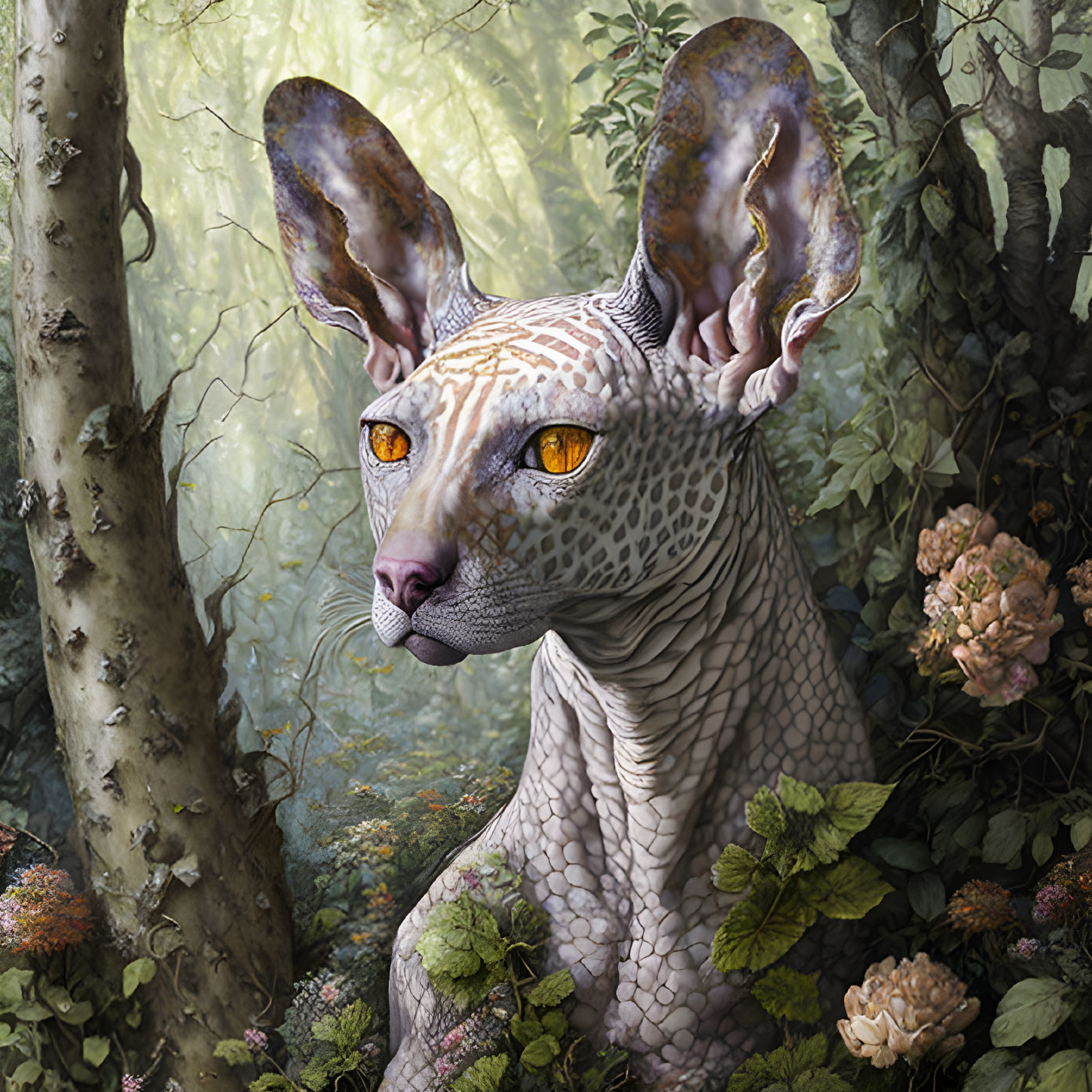 Mythical creature with large ears and orange eyes in lush forest