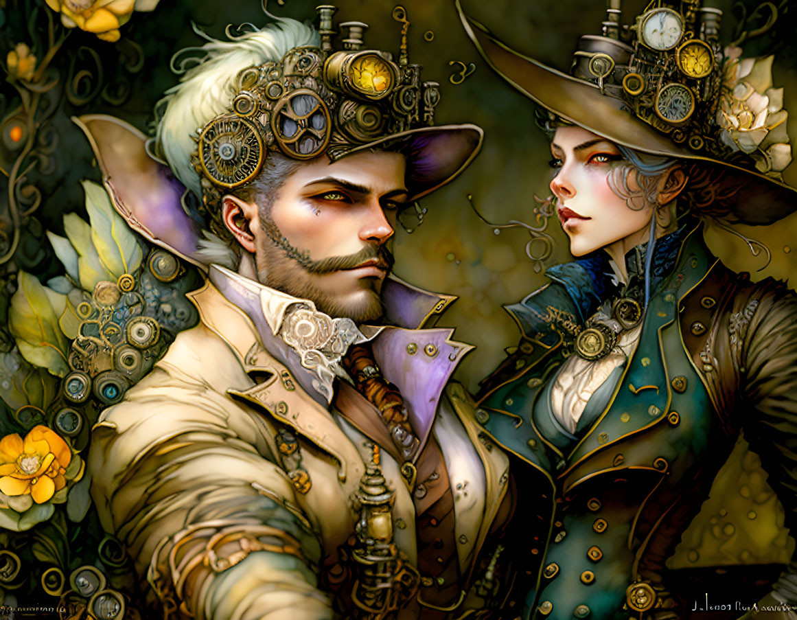 Steampunk-themed illustration of man and woman in ornate attire with gears and brass goggles