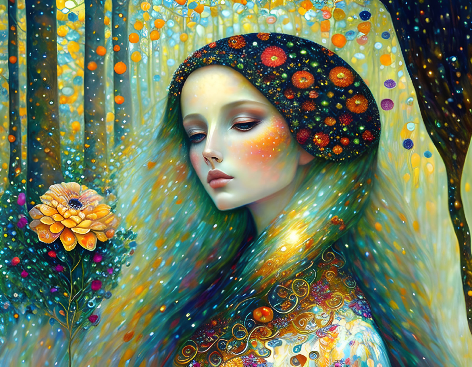 Fantastical portrait of woman with cosmic hair and floral adornments in mystical forest.