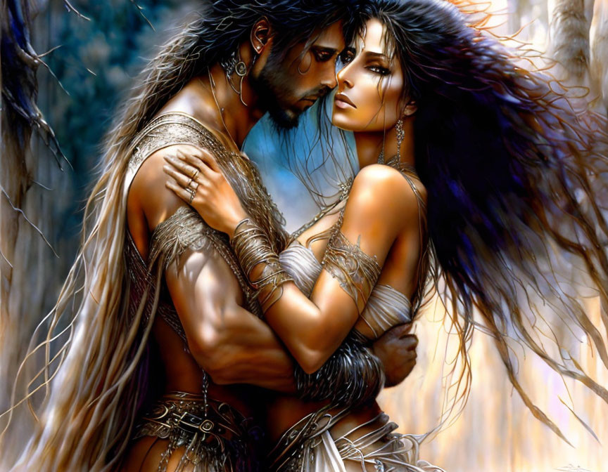 Fantasy-style illustration of a muscular man and woman embracing in tribal attire