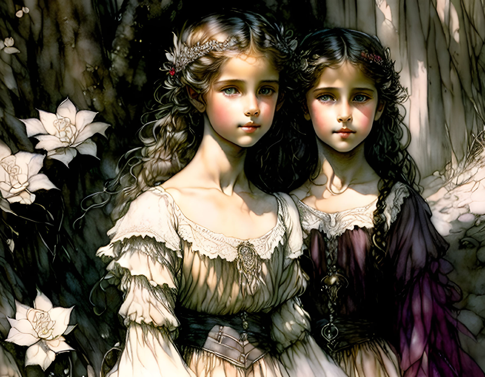 Two Young Girls in Vintage Dresses Surrounded by White Roses