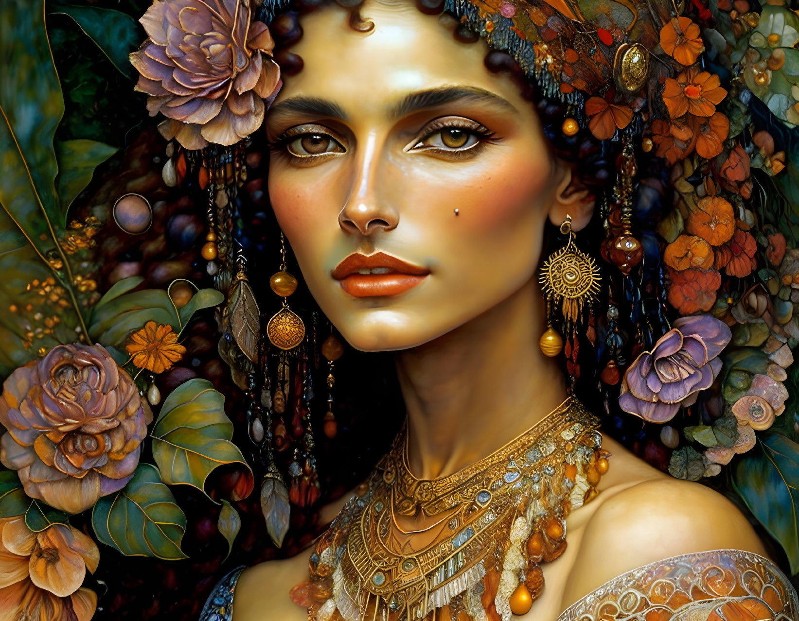 Vibrant digital artwork of a woman with striking features and ornate jewelry