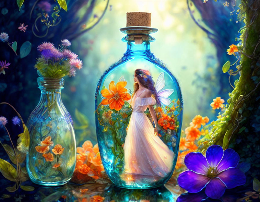 Whimsical fairy in blue bottle in magical forest