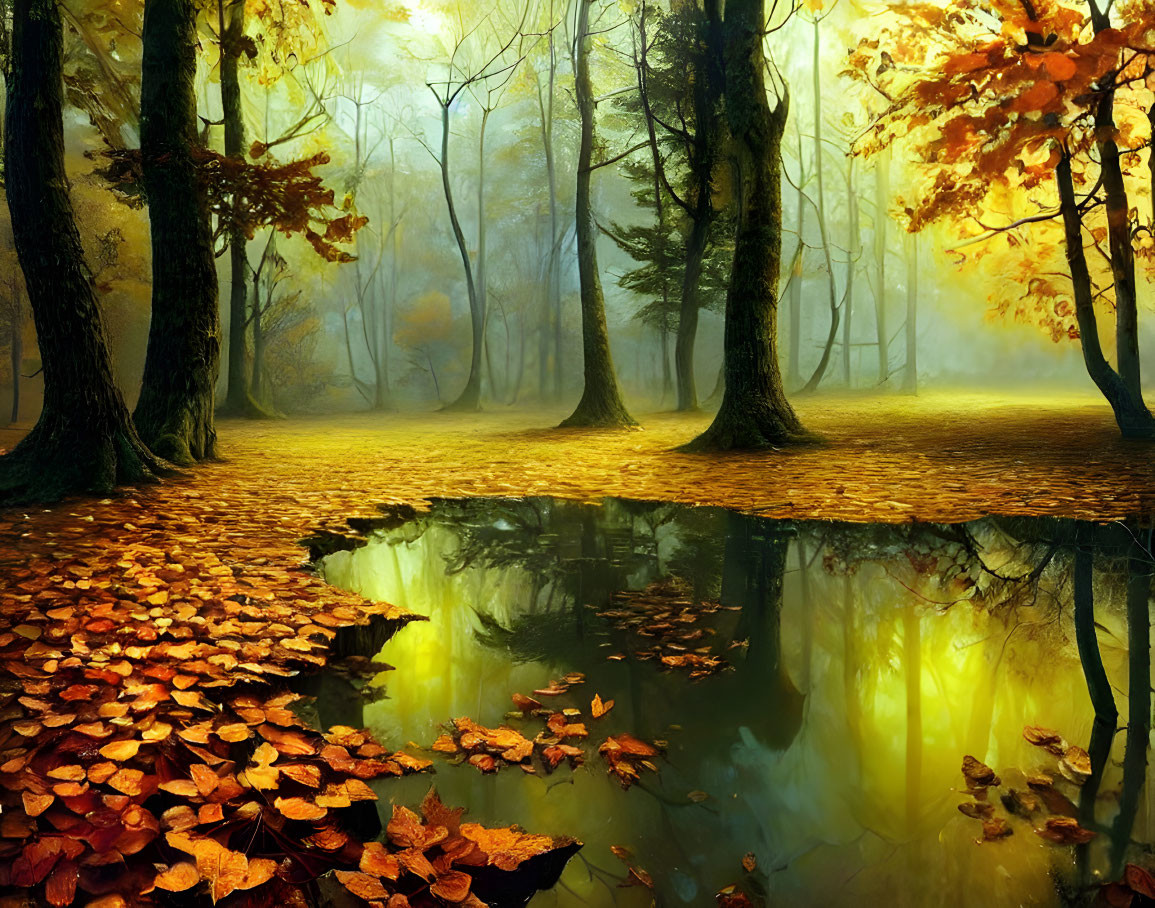 Tranquil autumn forest with golden leaves, pond, and warm light