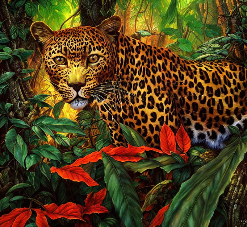 Colorful Leopard in Lush Jungle with Green Foliage