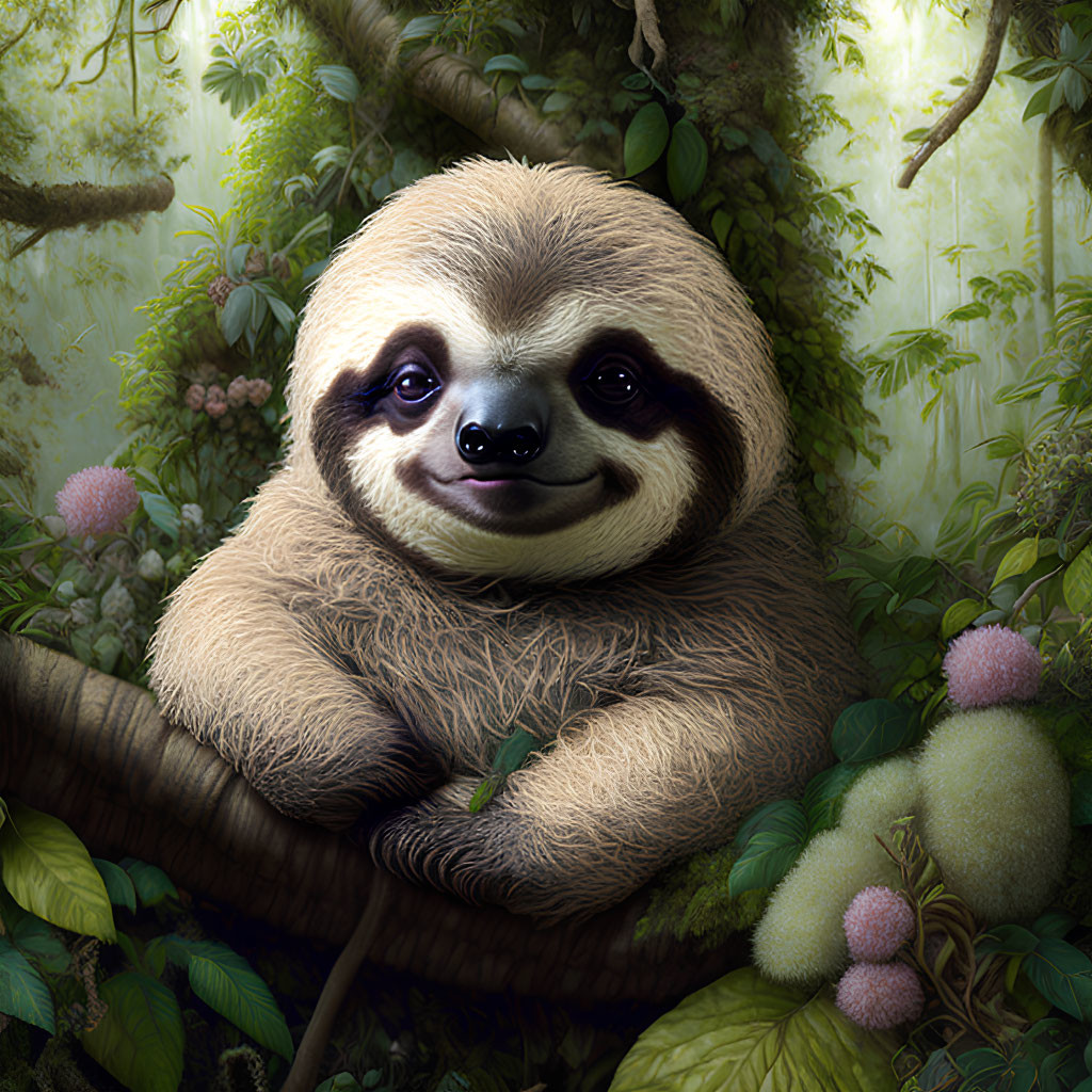 Smiling sloth on tree branch in lush forest with green foliage