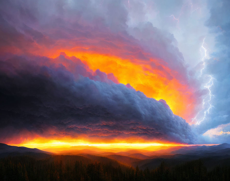 Vivid Sunset Landscape with Stormy Sky and Lightning Bolt