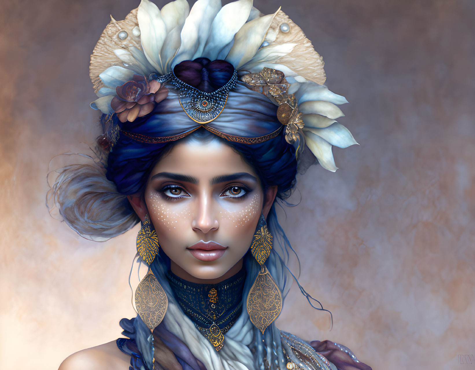 Digital portrait of woman with blue hair, ornate gold jewelry, white floral headdress.