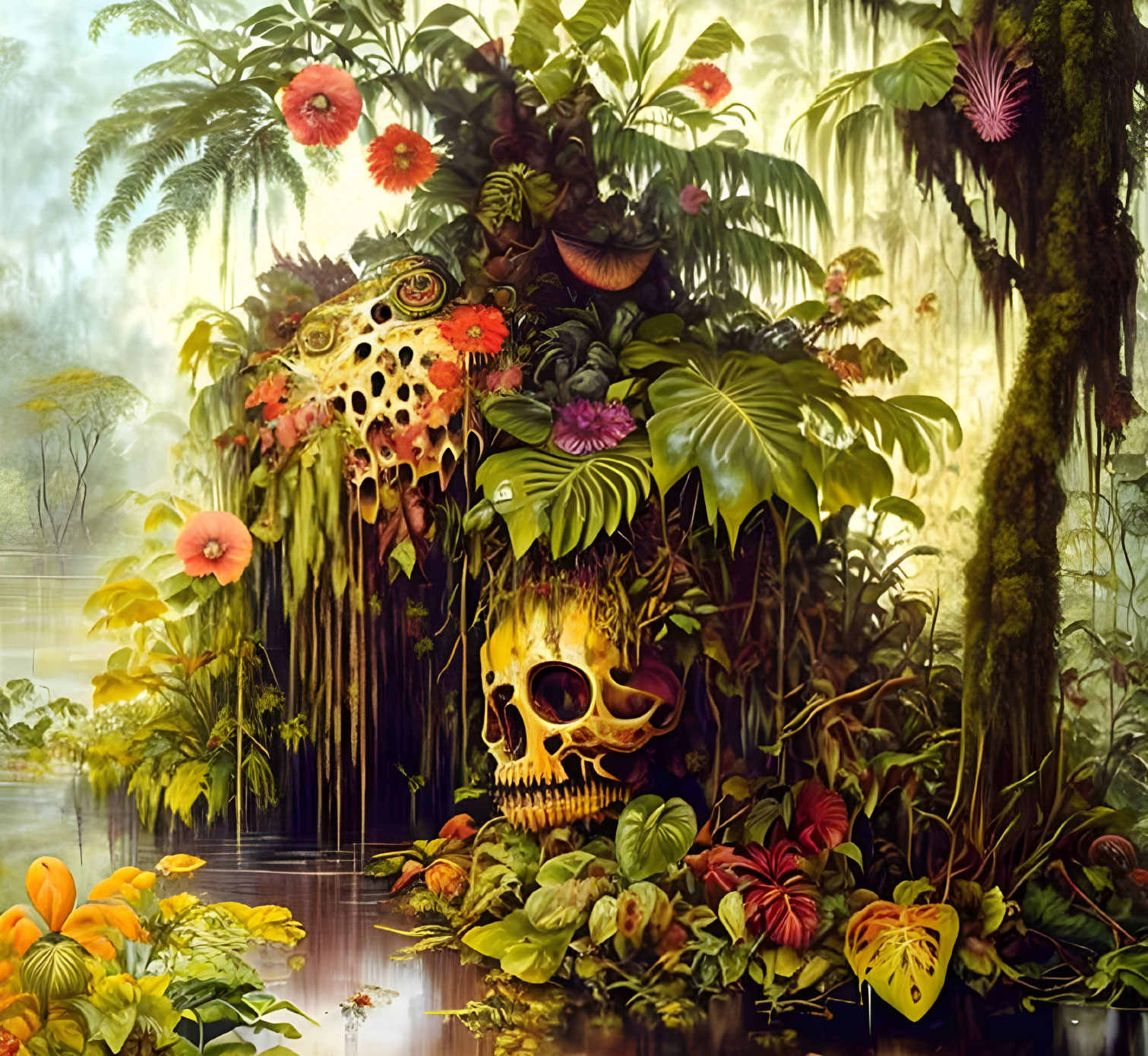 Colorful Jungle Scene with Skull and Foliage