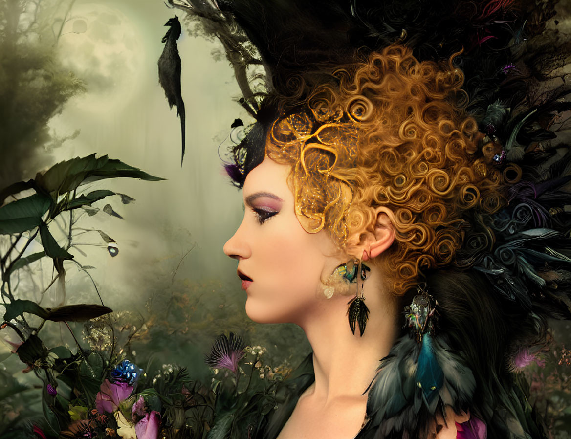 Profile view of woman with curly golden hair and ornate accessories against mystical backdrop with crow, moon,