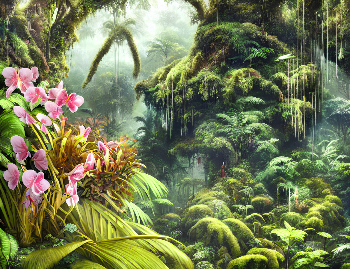 Lush Rainforest with Hanging Vines and Pink Flowers