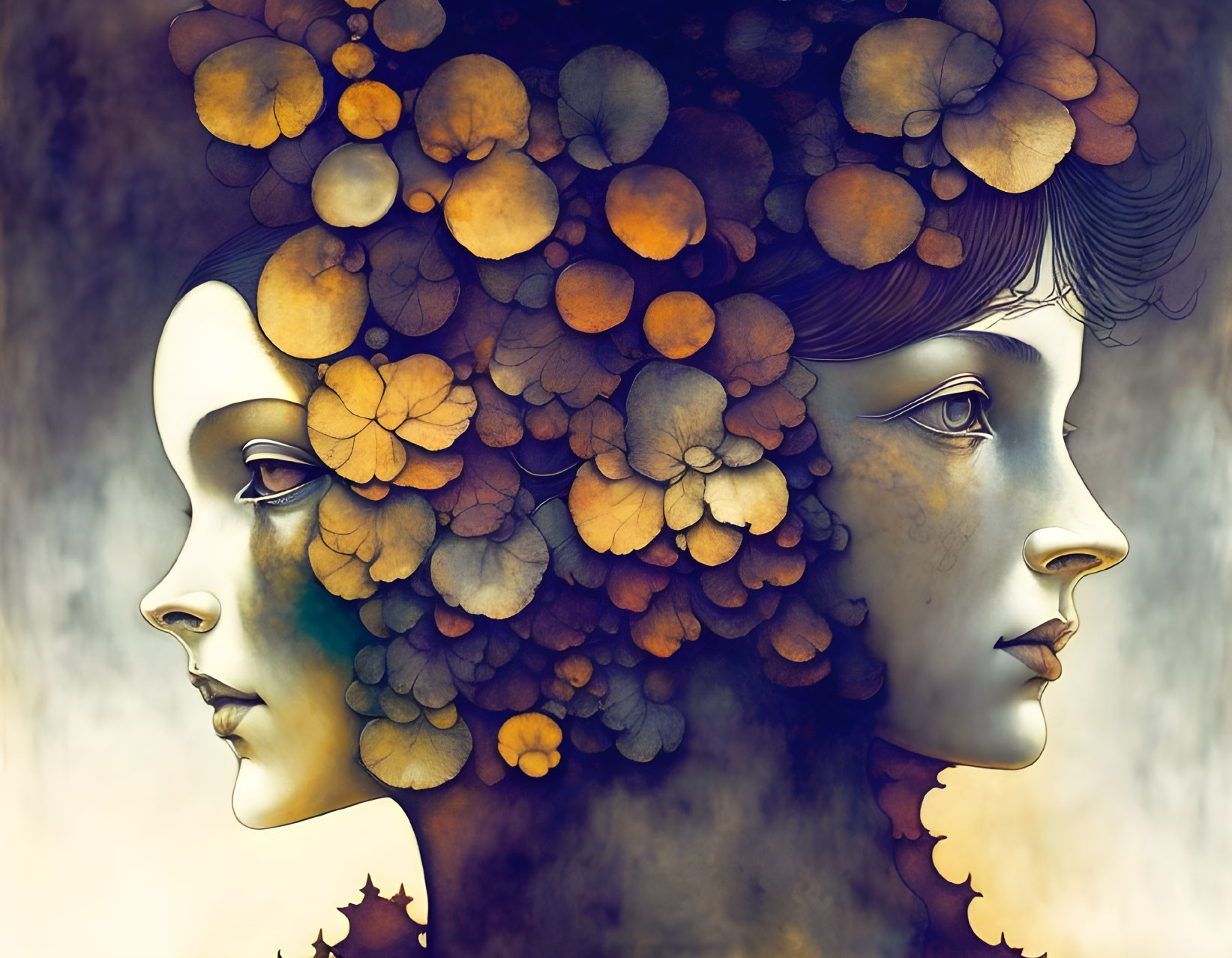 Illustration of two women's merged profile faces with floral headdress in warm sepia tones